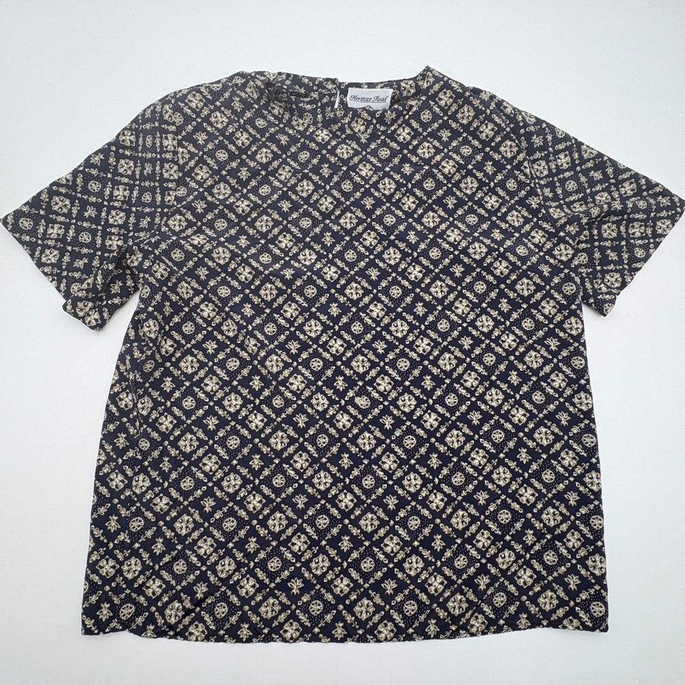 Vintage Heritage Road Navy Floral Tile Print Blouse Short Sleeve Top